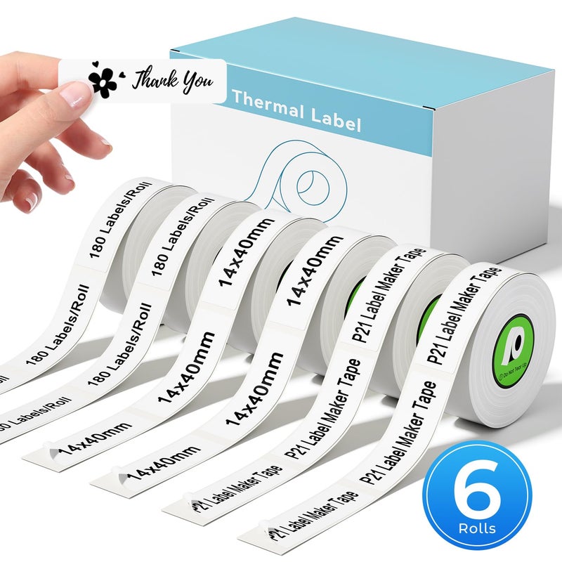 odolpin 6 Rolls Compatible with Nelko P21 Label Maker Tape, 14x40mm, Thermal Label Tape Replace for Nelko P21,NADAIIN N12,ORGBRO X1,ORGSTA S001, POLONO P31S Label Maker 180 Labels/Roll - Image 1