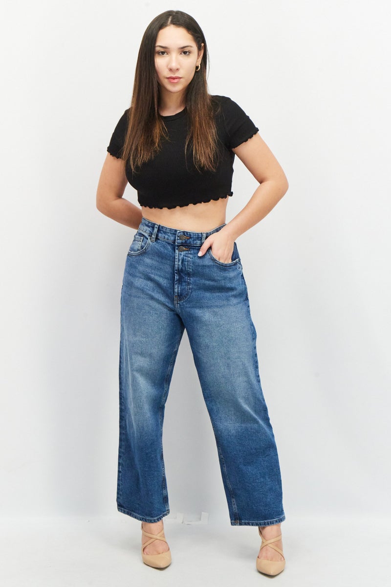 ESPRIT Women Straight Fit Textured Washed Denim Jeans, Blue - Image 3