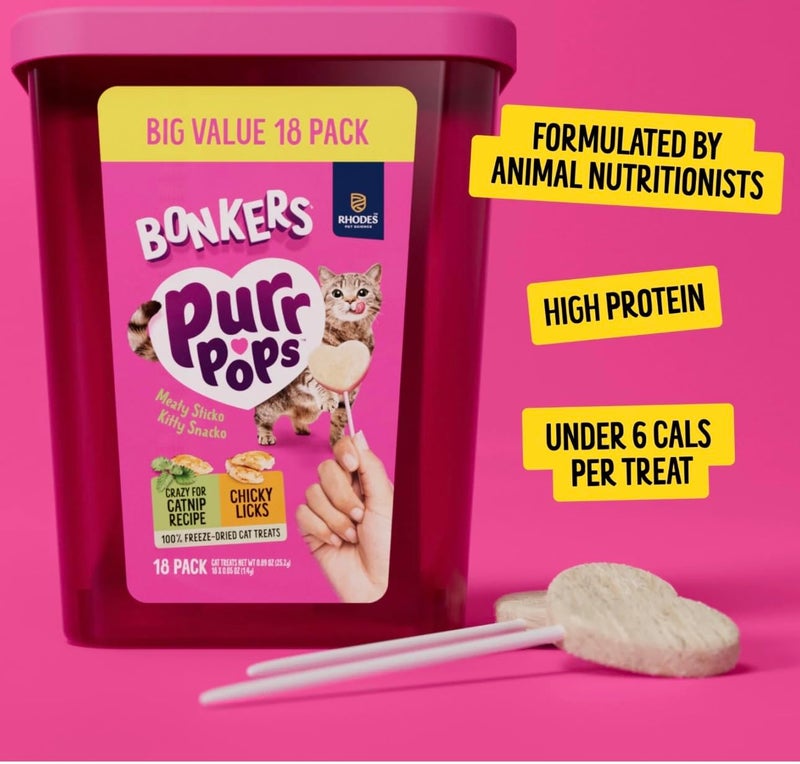 Bonkers Purrpops Freeze-Dried Cat Treats, Catnip and Chicken Flavors, 18 Count Value Pack - Image 2