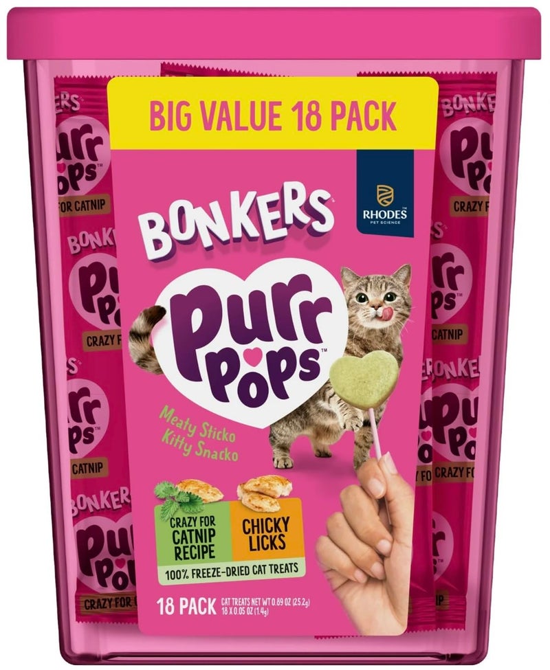 Bonkers Purrpops Freeze-Dried Cat Treats, Catnip and Chicken Flavors, 18 Count Value Pack - Image 1