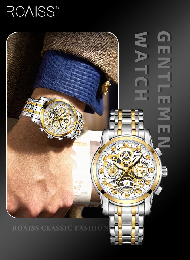 رويس ساعة كوارتز بسوار من الفولاذ المقاوم للصدأ للرجال، ساعة كرونوغراف دائرية بمينا ذهبي أبيض مع تصميم منحوت مجوف، ساعة مضيئة مقاومة للماء كهدية للرجال - Image 1