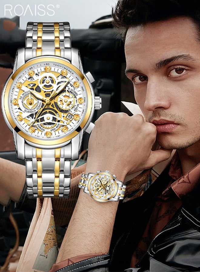 رويس ساعة كوارتز بسوار من الفولاذ المقاوم للصدأ للرجال، ساعة كرونوغراف دائرية بمينا ذهبي أبيض مع تصميم منحوت مجوف، ساعة مضيئة مقاومة للماء كهدية للرجال - Image 2
