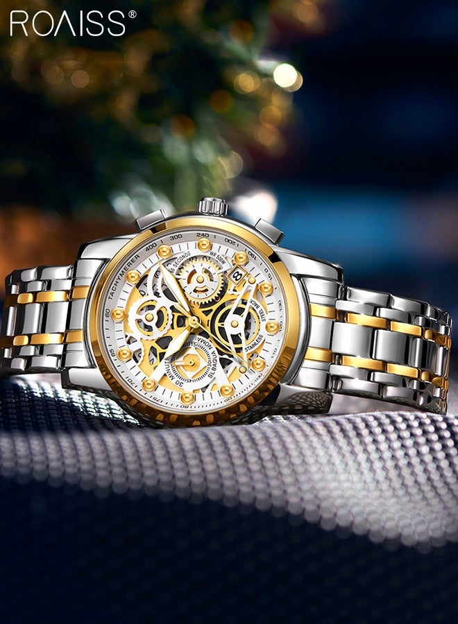 رويس ساعة كوارتز بسوار من الفولاذ المقاوم للصدأ للرجال، ساعة كرونوغراف دائرية بمينا ذهبي أبيض مع تصميم منحوت مجوف، ساعة مضيئة مقاومة للماء كهدية للرجال - Image 3