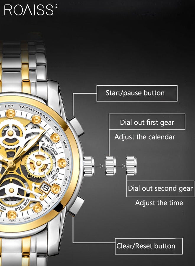 رويس ساعة كوارتز بسوار من الفولاذ المقاوم للصدأ للرجال، ساعة كرونوغراف دائرية بمينا ذهبي أبيض مع تصميم منحوت مجوف، ساعة مضيئة مقاومة للماء كهدية للرجال - Image 5