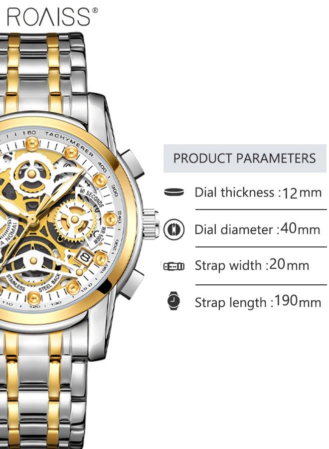 رويس ساعة كوارتز بسوار من الفولاذ المقاوم للصدأ للرجال، ساعة كرونوغراف دائرية بمينا ذهبي أبيض مع تصميم منحوت مجوف، ساعة مضيئة مقاومة للماء كهدية للرجال - Image 4