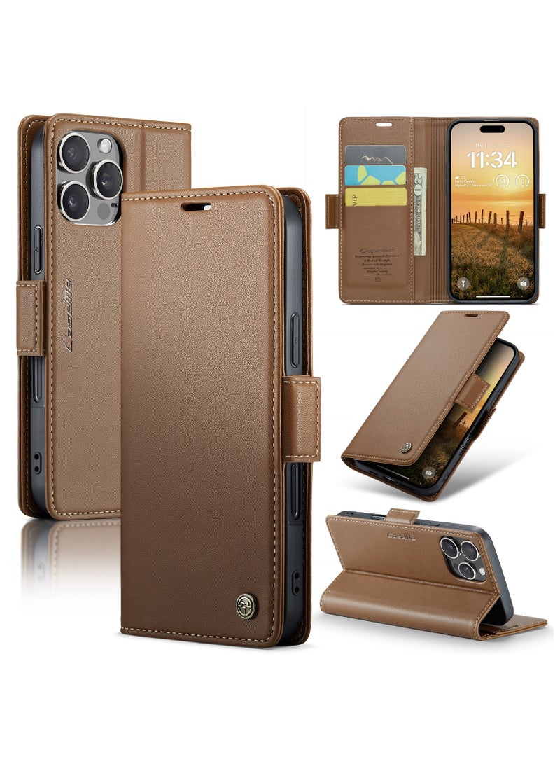 CaseMe Flip Wallet Case For iPhone 16 Pro Max RFID Blocking PU Leather Wallet Flip Folio Case with Card Holder Kickstand Shockproof Phone Cover - Brown - Image 1