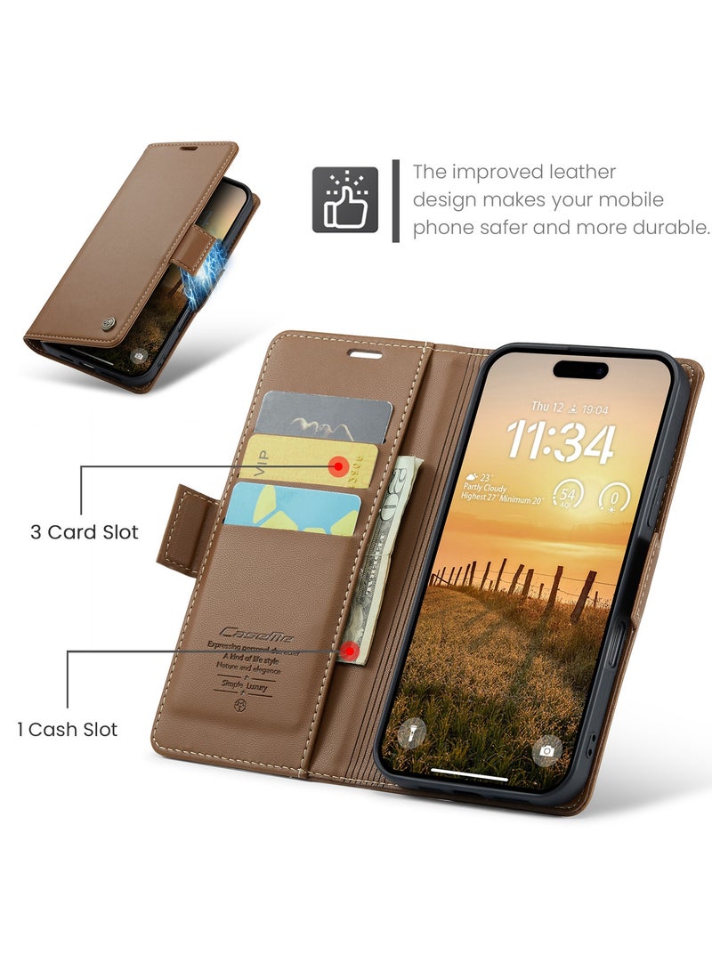 CaseMe Flip Wallet Case For iPhone 16 Pro Max RFID Blocking PU Leather Wallet Flip Folio Case with Card Holder Kickstand Shockproof Phone Cover - Brown - Image 2