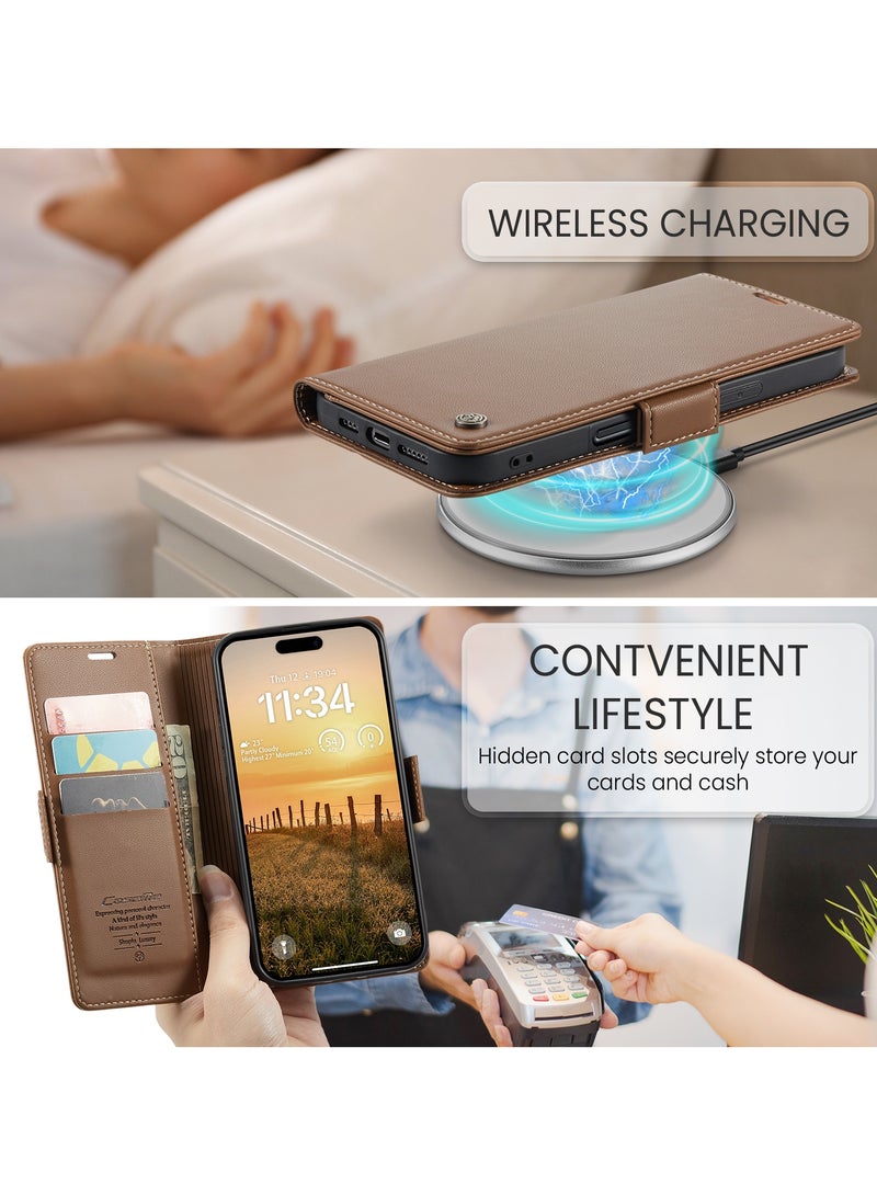 CaseMe Flip Wallet Case For iPhone 16 Pro Max RFID Blocking PU Leather Wallet Flip Folio Case with Card Holder Kickstand Shockproof Phone Cover - Brown - Image 5