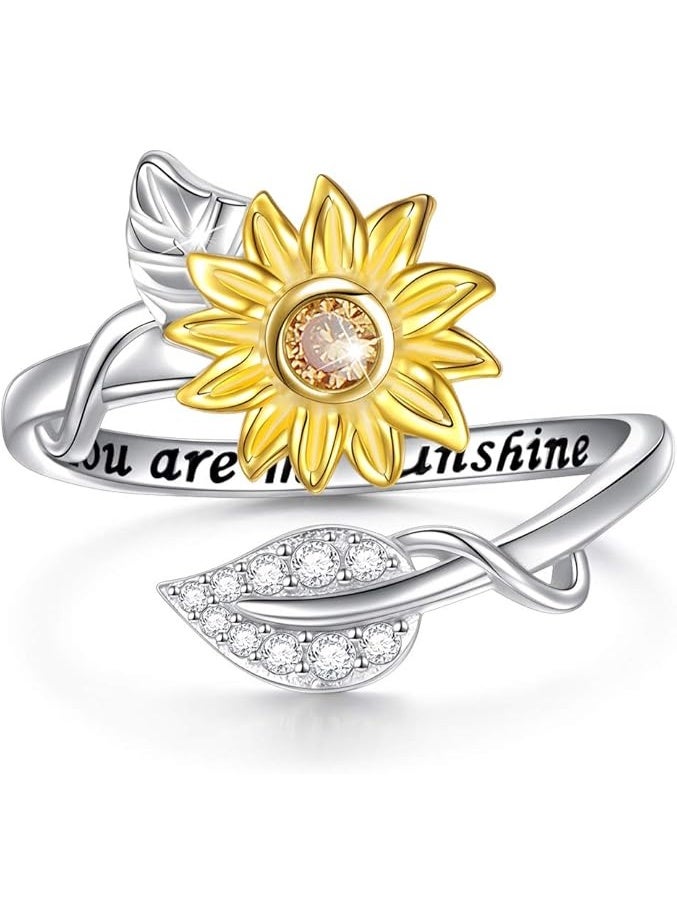 DAOCHONG Sterling Silver Sunflower Ring - You are My Sunshine CZ Stone - Fidget Anxiety Relieve Spinner - Urn Sunflower Design - Image 1