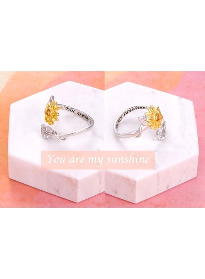 DAOCHONG Sterling Silver Sunflower Ring - You are My Sunshine CZ Stone - Fidget Anxiety Relieve Spinner - Urn Sunflower Design - Image 2