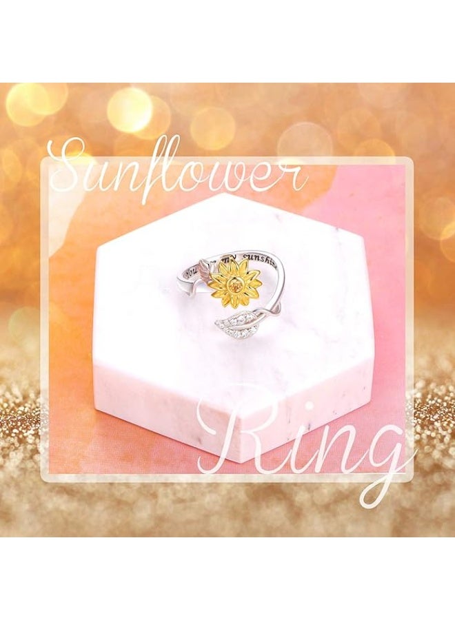 DAOCHONG Sterling Silver Sunflower Ring - You are My Sunshine CZ Stone - Fidget Anxiety Relieve Spinner - Urn Sunflower Design - Image 4