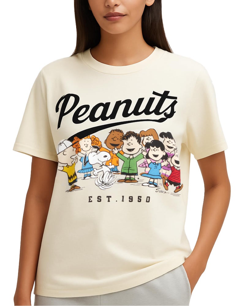 Peanuts Snoopy Womens Graphic T Shirts - Snoopy Charlie Brown Woodstock Crewneck Short Sleeve Shirts for Women (Sizes: S-XL), Size Medium, Cream Peanuts Friend - Image 1