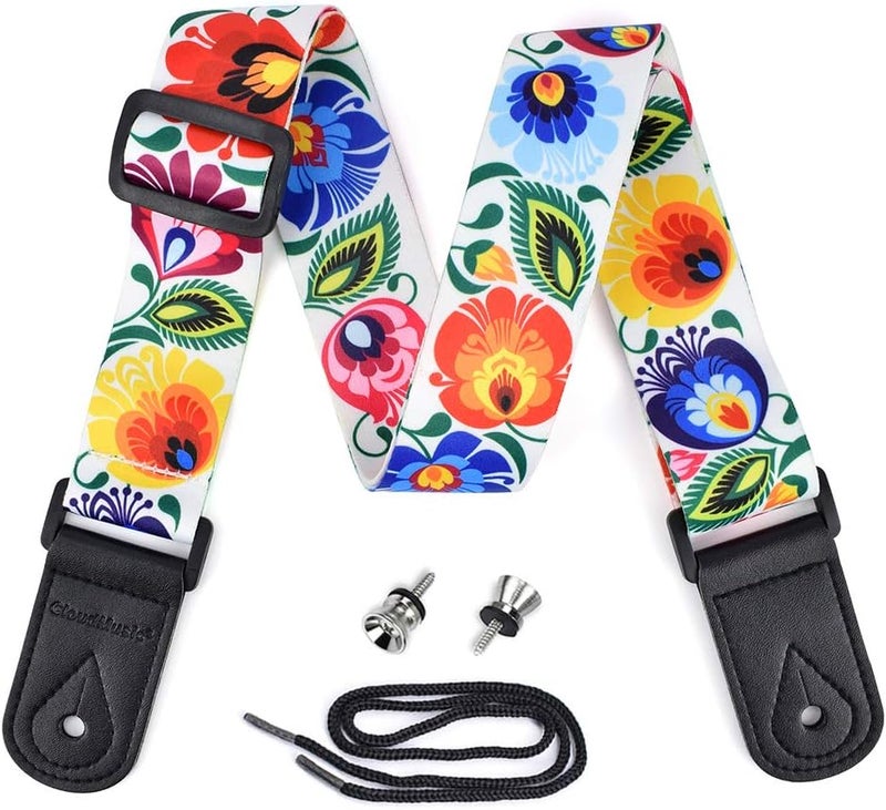 CLOUDMUSIC Tenor Concert Soprano Baritone Ukulele Strap Coloful Floral Pattern Straps With 2 Buttons For Adult Size And Kids Peacock Flowers In White - Image 2