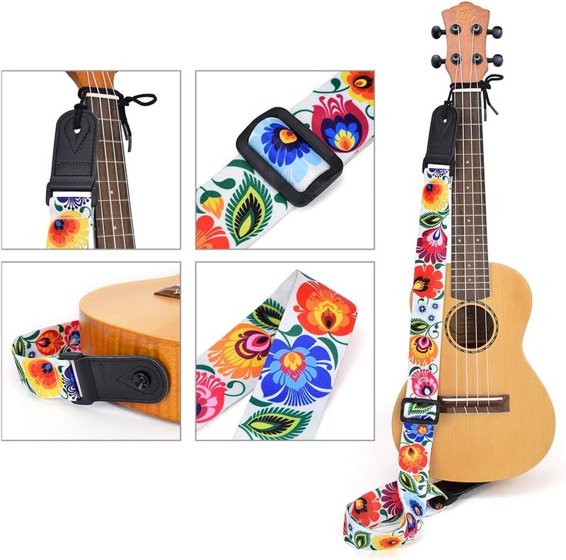CLOUDMUSIC Tenor Concert Soprano Baritone Ukulele Strap Coloful Floral Pattern Straps With 2 Buttons For Adult Size And Kids Peacock Flowers In White - Image 3