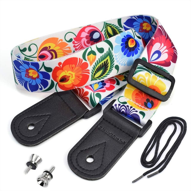 CLOUDMUSIC Tenor Concert Soprano Baritone Ukulele Strap Coloful Floral Pattern Straps With 2 Buttons For Adult Size And Kids Peacock Flowers In White - Image 1