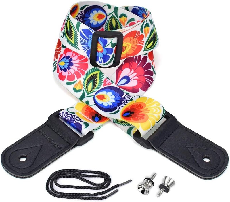 CLOUDMUSIC Tenor Concert Soprano Baritone Ukulele Strap Coloful Floral Pattern Straps With 2 Buttons For Adult Size And Kids Peacock Flowers In White - Image 4