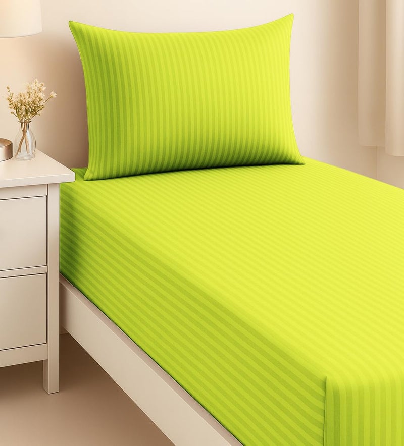 BSB HOME Premium 220 Cotton Feel Glace Self-Stripe Single Flat Bedsheet, Lime Green Pinstripe, Ultra-Soft Fabric, Wrinkle & Fade Resistant, 1 Single Bedsheet with One Pillow Cover - Image 2