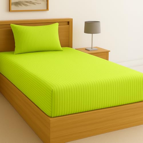 BSB HOME Premium 220 Cotton Feel Glace Self-Stripe Single Flat Bedsheet, Lime Green Pinstripe, Ultra-Soft Fabric, Wrinkle & Fade Resistant, 1 Single Bedsheet with One Pillow Cover - Image 1