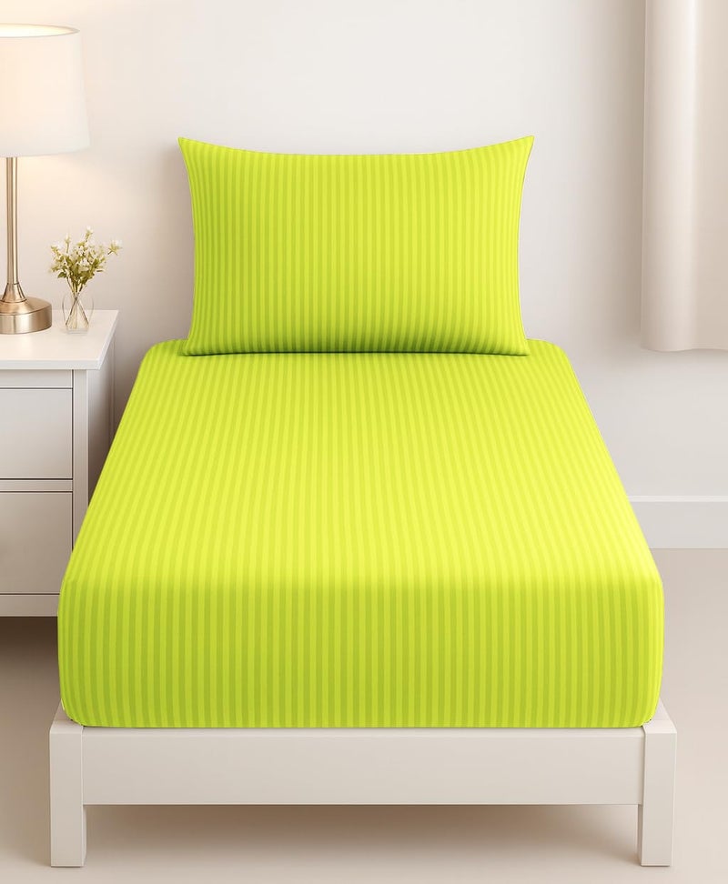 BSB HOME Premium 220 Cotton Feel Glace Self-Stripe Single Flat Bedsheet, Lime Green Pinstripe, Ultra-Soft Fabric, Wrinkle & Fade Resistant, 1 Single Bedsheet with One Pillow Cover - Image 3