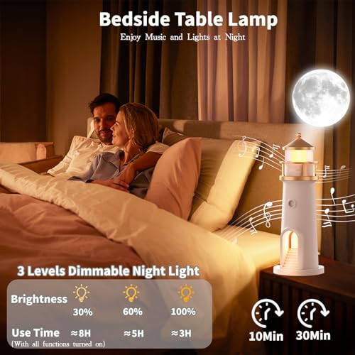AVEKI Lighthouse Night Light, Cute Moon Projection Lighthouse Lamp with Bluetooth Speaker, 3 Levels Dimmable Wireless Table Lamp for Room Decor, Rechargeable Led Night Light Unique Gift for Kids (Bluetooth) - Image 4
