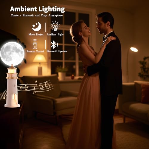 AVEKI Lighthouse Night Light, Cute Moon Projection Lighthouse Lamp with Bluetooth Speaker, 3 Levels Dimmable Wireless Table Lamp for Room Decor, Rechargeable Led Night Light Unique Gift for Kids (Bluetooth) - Image 5