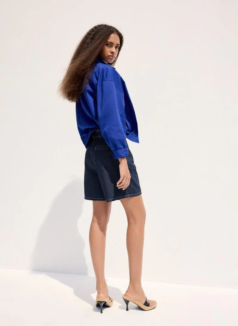 مانجو Mid-Rise Denim Bermuda Shorts With Pleats