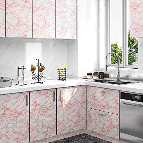 Wolpin Wall Stickers Marble Wallpaper Furniture (45 x 300 cm) Kitchen Cabinets, Almirah, Plastic & Wooden Tabletop, Wardrobe, Makeover PVC DIY Self Adhesive, Jade, Pink & White Decorative Wallpaper - Image 2