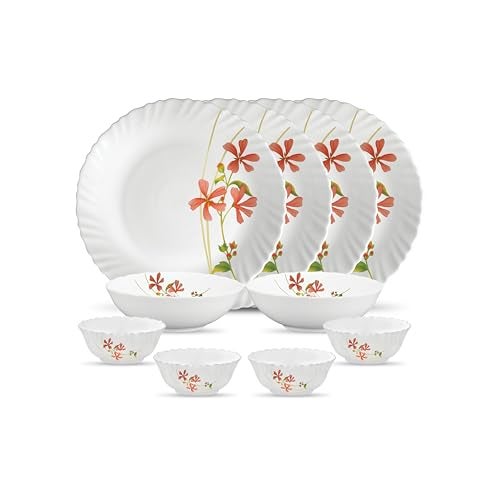 La Opala Novo Collection Opal Glass Crockery | for Family of 4 | Dinner Set 10 pcs Coral Charm | Plates & Bowls for Dining | Microwave Safe | 100% Vegetarian | Extra Strong | Light & White - Image 1