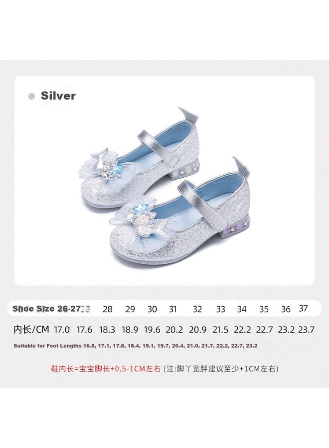 Follow Me Girls Crystal Princess Shoes Spring Autumn Soft Sole Breathable Dress Shoes Children's Performance Shiny Flats Iridescent Silver Size 33