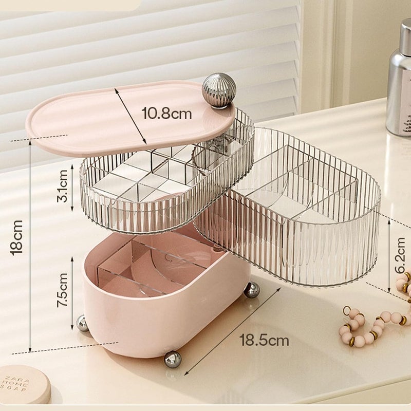 HOOPVOOL Cosmetic Jewellery Organizer 360 Degree Rotating 3 Layers Multi-Compartments Cotton Pad Cosmetic Lipstick Makeup Brush Jewellery Organizer for Vanity (Pink Ball) - Image 2
