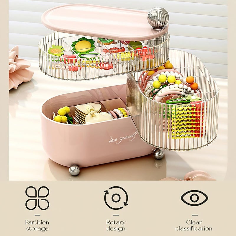 HOOPVOOL Cosmetic Jewellery Organizer 360 Degree Rotating 3 Layers Multi-Compartments Cotton Pad Cosmetic Lipstick Makeup Brush Jewellery Organizer for Vanity (Pink Ball) - Image 5