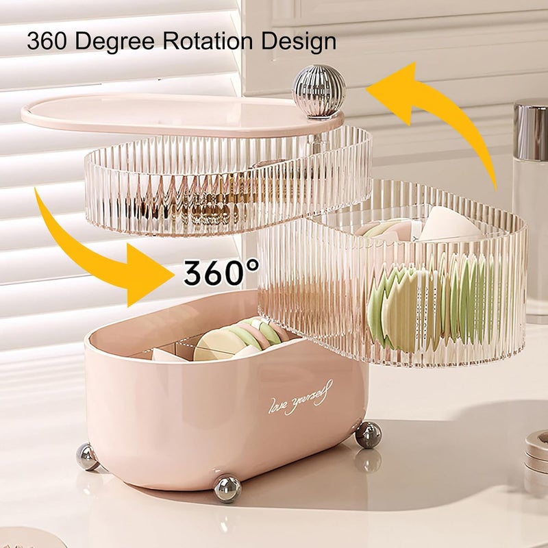 HOOPVOOL Cosmetic Jewellery Organizer 360 Degree Rotating 3 Layers Multi-Compartments Cotton Pad Cosmetic Lipstick Makeup Brush Jewellery Organizer for Vanity (Pink Ball) - Image 3