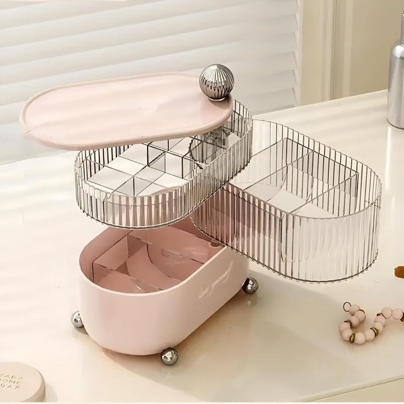 HOOPVOOL Cosmetic Jewellery Organizer 360 Degree Rotating 3 Layers Multi-Compartments Cotton Pad Cosmetic Lipstick Makeup Brush Jewellery Organizer for Vanity (Pink Ball) - Image 1