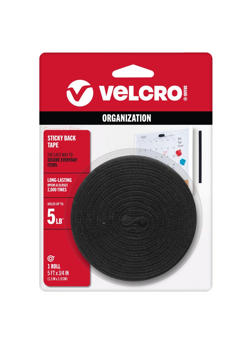 VELCRO Brand VELCRO Brand 5 Ft x 34 In  Black Tape Roll with Adhesive  Cut Strips to Length  Sticky Back Hook and Loop Fasteners  Perfect for Home Office or Classroom 