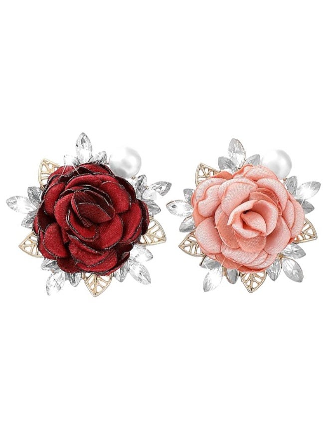 سونسر دبابيس زهور كلاسيكية، دبابيس زهور عتيقة، دبابيس كريستال على الرقبة، طقم من قطعتين، تصميم وردة حمراء وكاميو - Image 1