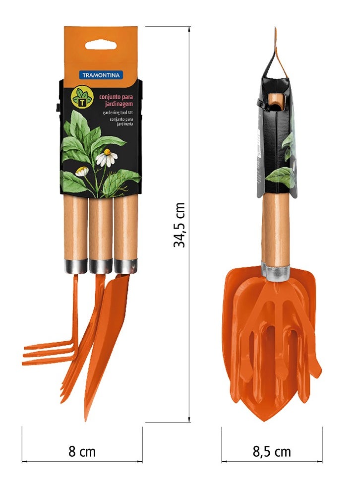 TRAMONTINA - Since 1911,Made in Brazil- 3 Pieces Garden Tool Set with Special Carbon Steel and Wood Handle includes Garden Trowel + Transplanting Trowel + Cultivator - Image 1
