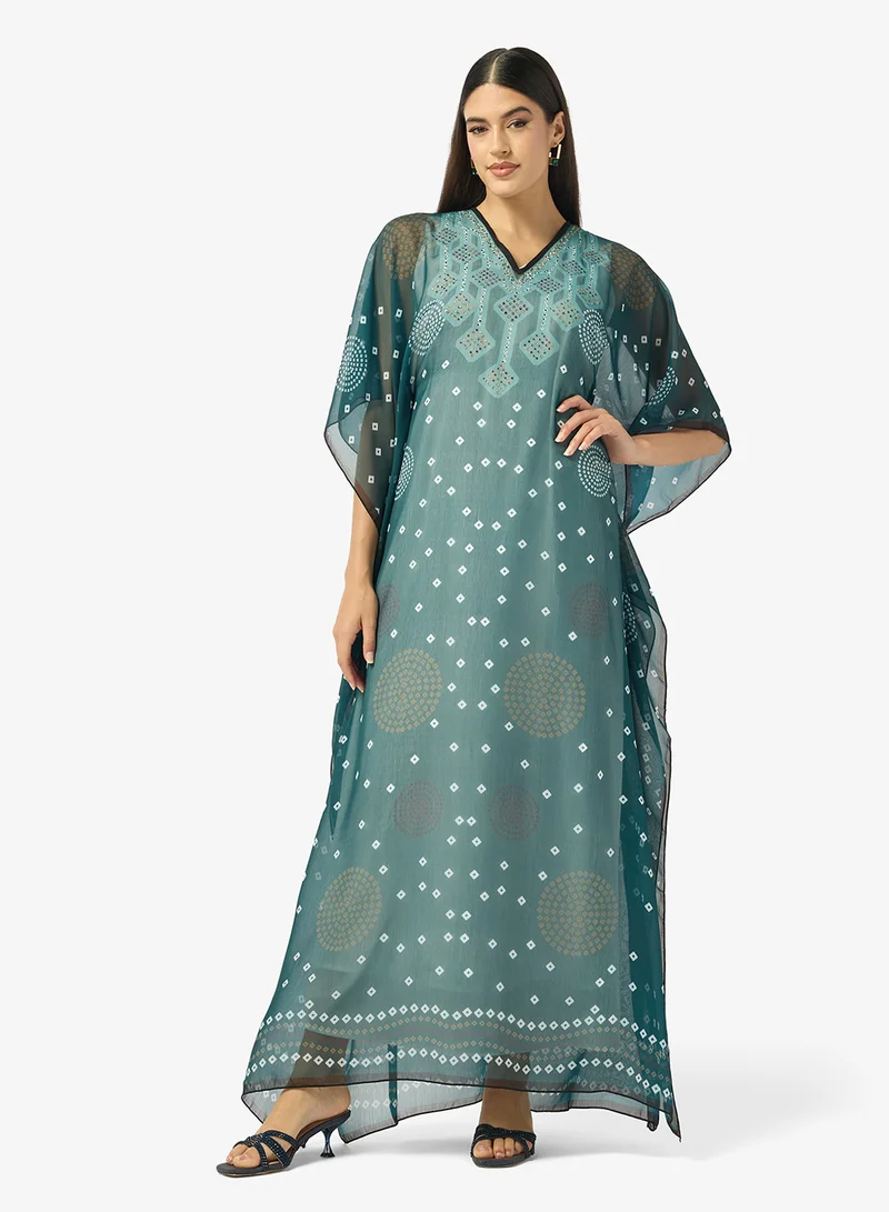 ARABIAN CLOSET Modern Bandhani Print V-Neck Kaftan