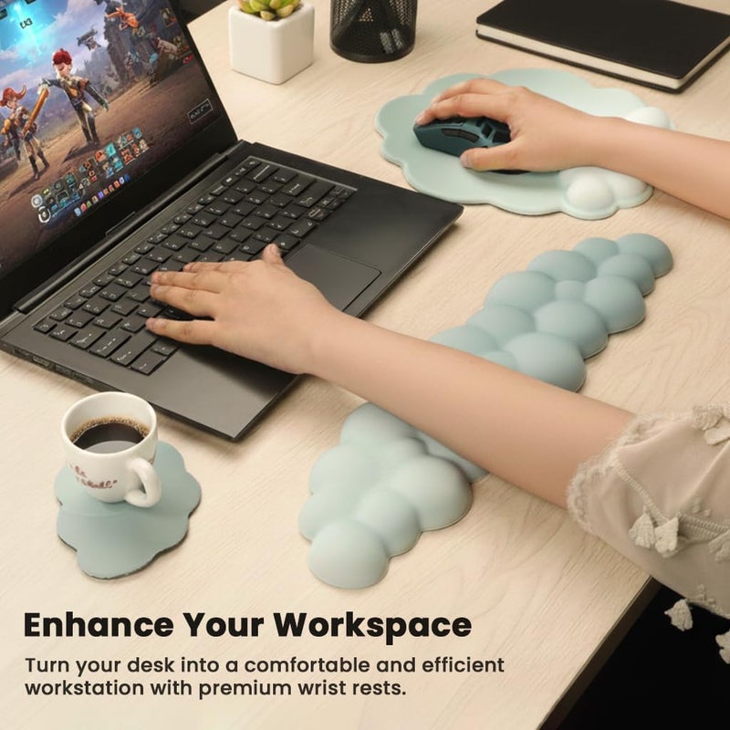 TECPHILE Cloud Shape Ergonomic Mouse Pad with Wrist Rest, Keyboard Wrist Support & Coaster Set, Silicon Gel Comfort, Non-Slip Base, Pain Relief for Typing, Gaming, Office Desk Accessories - Image 5
