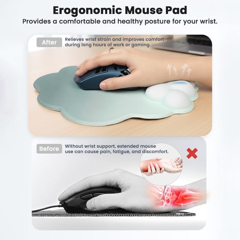 TECPHILE Cloud Shape Ergonomic Mouse Pad with Wrist Rest, Keyboard Wrist Support & Coaster Set, Silicon Gel Comfort, Non-Slip Base, Pain Relief for Typing, Gaming, Office Desk Accessories - Image 2