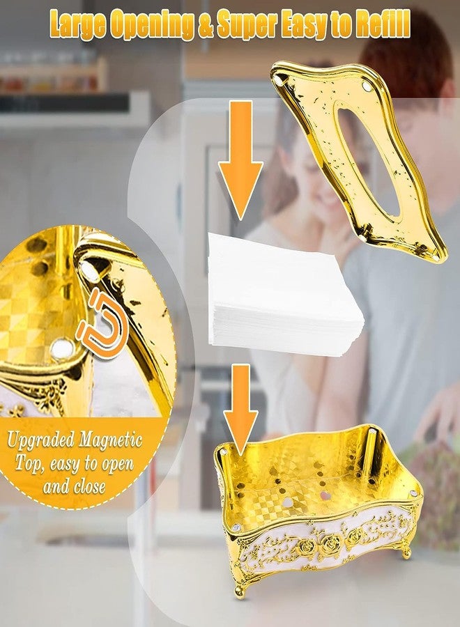 Birzar Tissue Box Holder,Luxurious European Style 1 Rose Tissue Box Cover for Bedroom,Office,Home,Travel,Restaurant(Gold&White). - Image 3