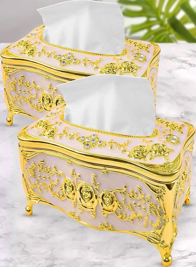 Birzar Tissue Box Holder,Luxurious European Style 1 Rose Tissue Box Cover for Bedroom,Office,Home,Travel,Restaurant(Gold&White). - Image 1