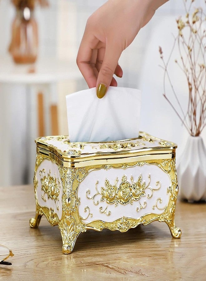 Birzar Tissue Box Holder,Luxurious European Style 1 Rose Tissue Box Cover for Bedroom,Office,Home,Travel,Restaurant(Gold&White). - Image 2