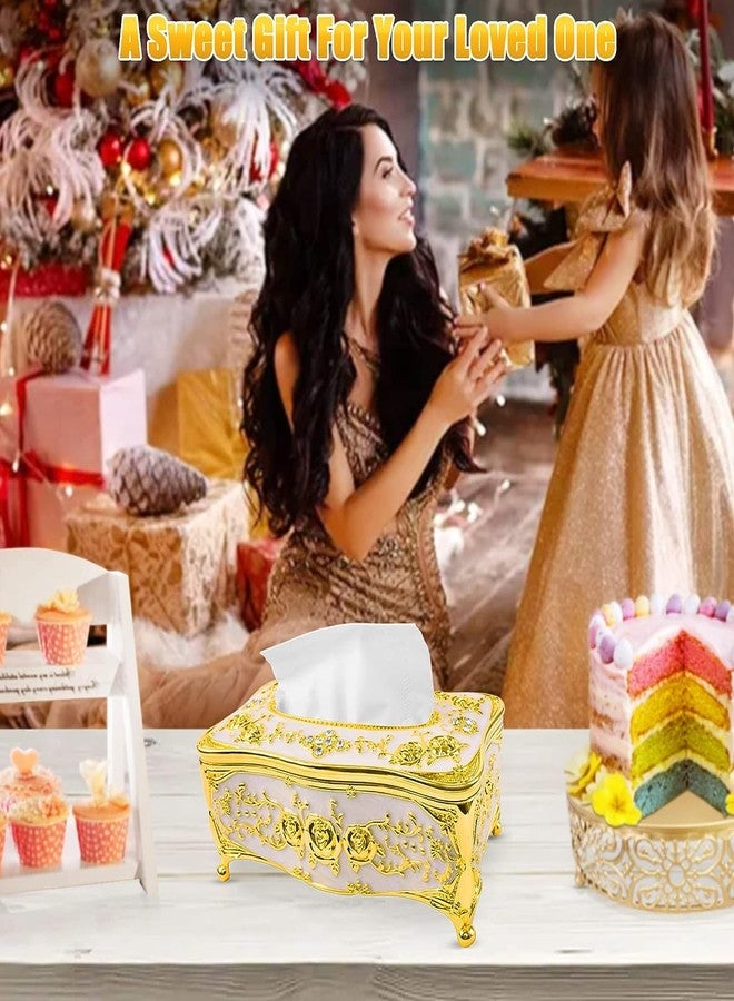 Birzar Tissue Box Holder,Luxurious European Style 1 Rose Tissue Box Cover for Bedroom,Office,Home,Travel,Restaurant(Gold&White). - Image 5