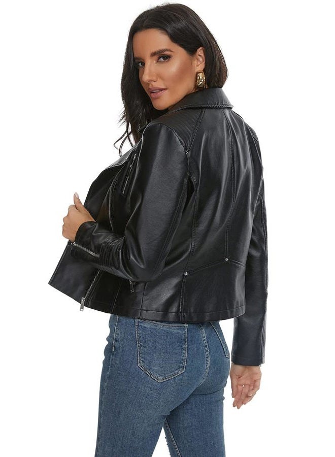 Fahsyee Women's Faux Leather Jacket, Motorcycle Plus Size Moto Biker Leather Jacket Zip Coat Short Lightweight Vegan Fashion, S - Image 4