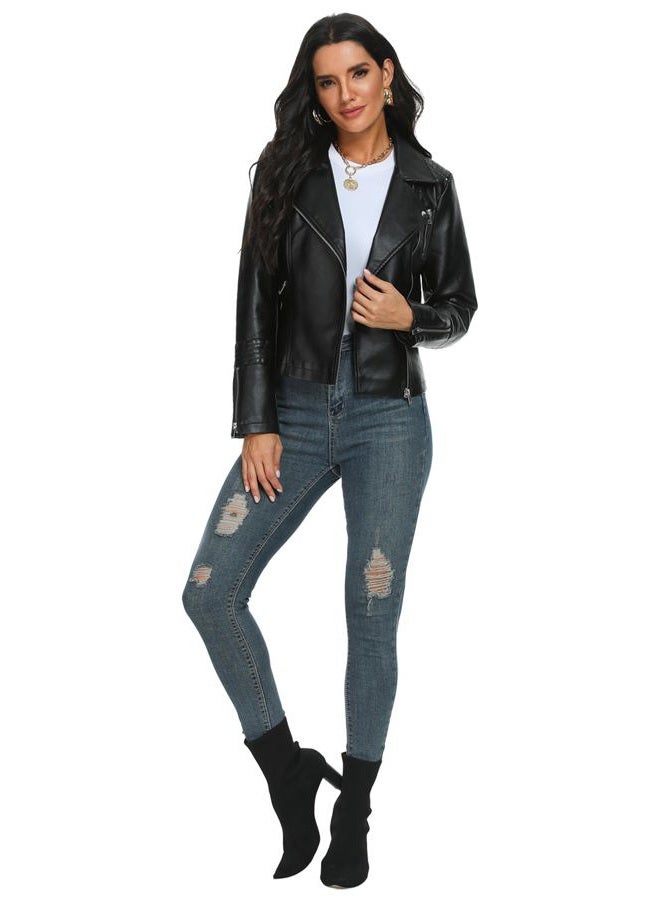 Fahsyee Women's Faux Leather Jacket, Motorcycle Plus Size Moto Biker Leather Jacket Zip Coat Short Lightweight Vegan Fashion, S - Image 2