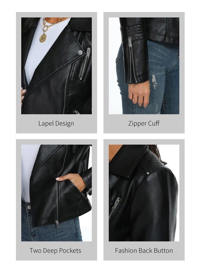 Fahsyee Women's Faux Leather Jacket, Motorcycle Plus Size Moto Biker Leather Jacket Zip Coat Short Lightweight Vegan Fashion, S - Image 5