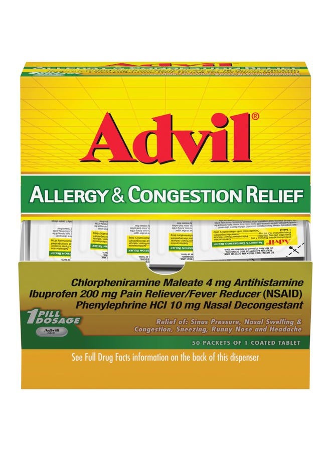 Advil Allergy and Congestion Relief Tablets, Pain Reliever, Fever Reducer and Allergy Relief with Ibuprofen, Phenylephrine HCl and Chlorpheniramine Maleate 4 mg - 50 Coated Tablets - Image 1