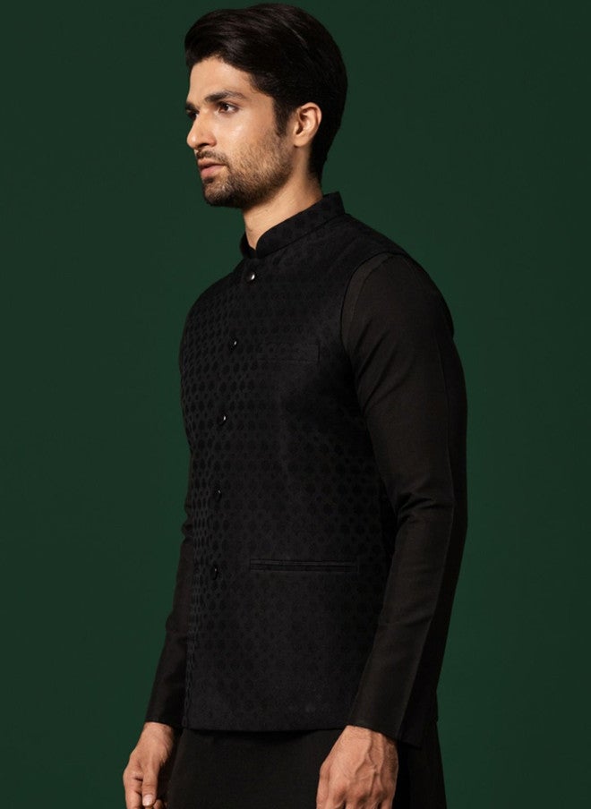 KISAH Black Woven Design Nehru Jacket - Image 3