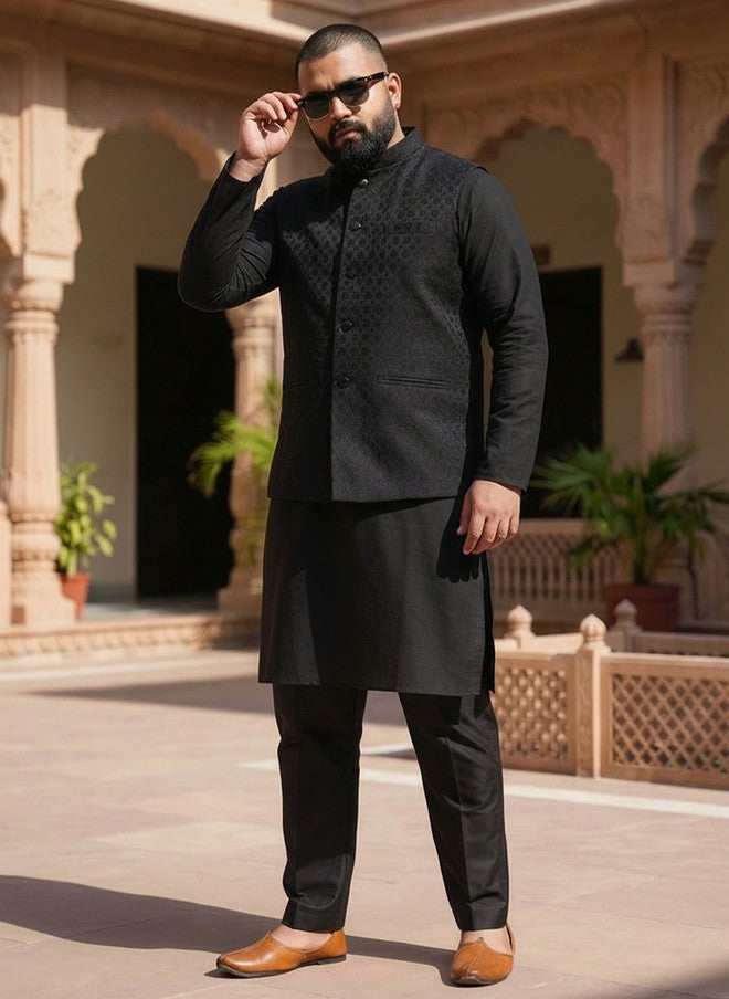 KISAH Black Woven Design Nehru Jacket - Image 1