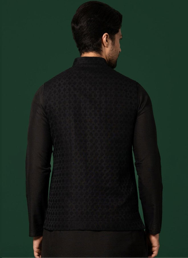 KISAH Black Woven Design Nehru Jacket - Image 4